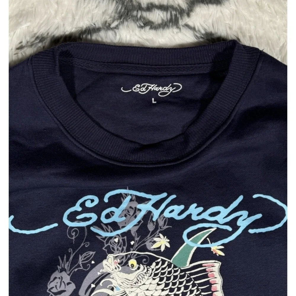 ED HARDY Koi Fish Cropped Pullover Sweater Fleece Navy Eclipse Womens Sz L *NEW*